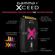 Gamma XCEED professional shaver with features highlighted on a black background