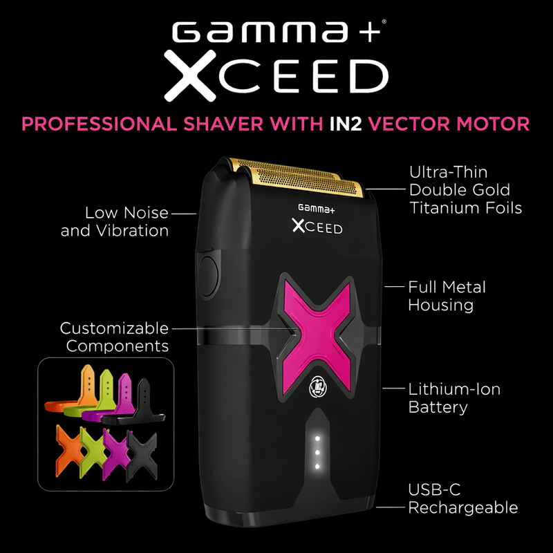 Gamma XCEED professional shaver with features highlighted on a black background