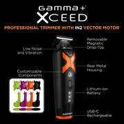 Gamma+ Xceed professional trimmer with features highlighted on a black background
