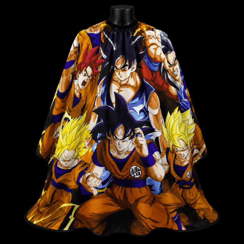 Goku Anime Barber Cape - front-facing view showing the all-over Dragon Ball Super transformation print in orange, gold, and blue on a lightweight water-resistant polyester cape