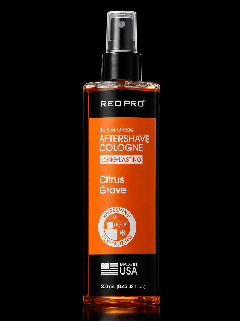 Red Pro Aftershave Cologne bottle with orange label on a black background
