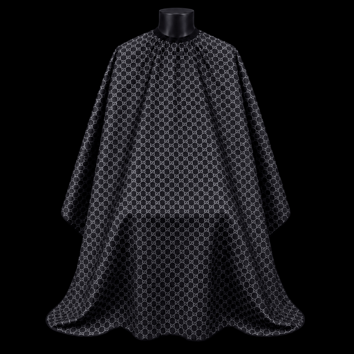 Black Gucci Barber Cape - front-facing view showing the all-over gray interlocking monogram print on a black lightweight water-resistant polyester cape