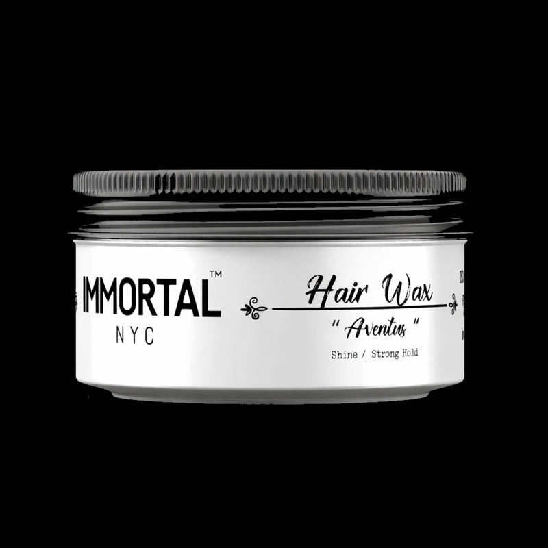 Immortal NYC Aventus Hair Wax closed container showing strong hold and high shine styling product