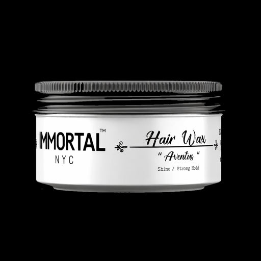 Immortal NYC Aventus Hair Wax closed container showing strong hold and high shine styling product