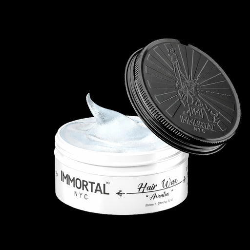 Immortal NYC Aventus Hair Wax open jar with strong hold formula and high shine finish on black background