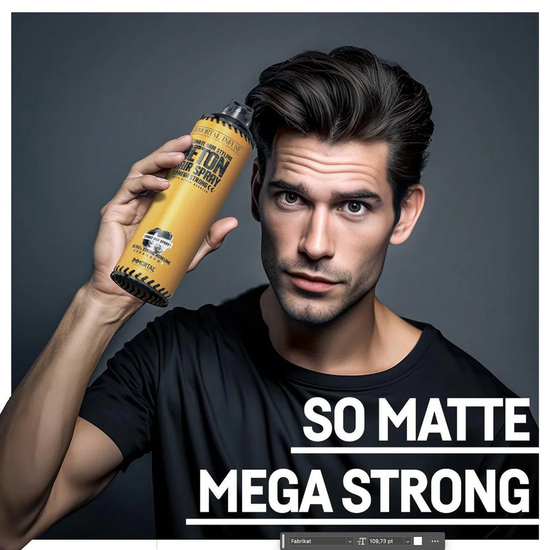 Immortal NYC Beton Hair Spray – model holding can, So Matte Mega Strong styling