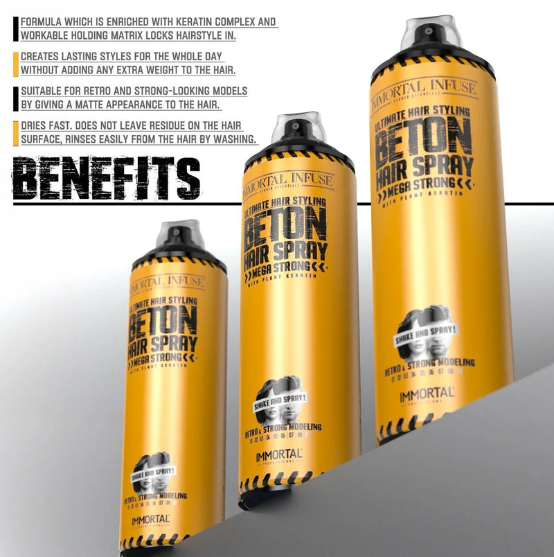 Immortal NYC Beton Hair Spray – three cans with product details
