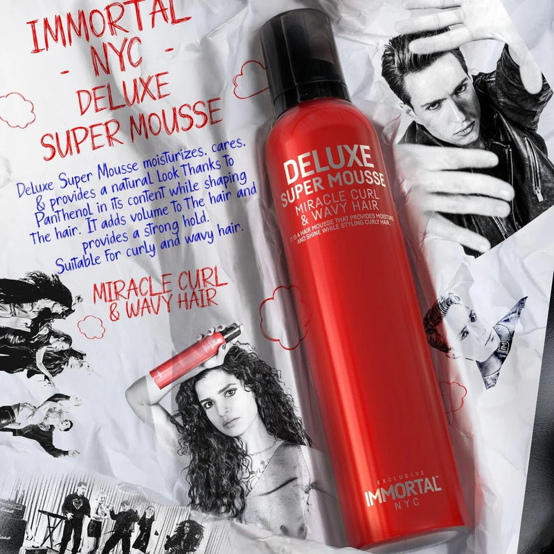 Immortal NYC Delux Super Mousse – promotional view with product benefits