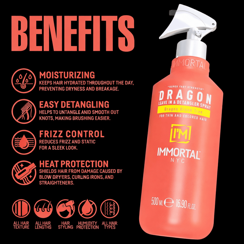 Side view of Immortal Dragon leave-in conditioner & detangler spray bottle
