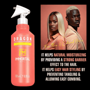 Coral bottle of 'Immortal NYC' hair product with promotional text and two models on a black background