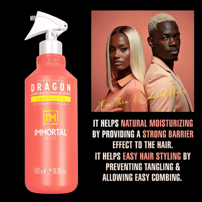 Coral bottle of 'Immortal NYC' hair product with promotional text and two models on a black background