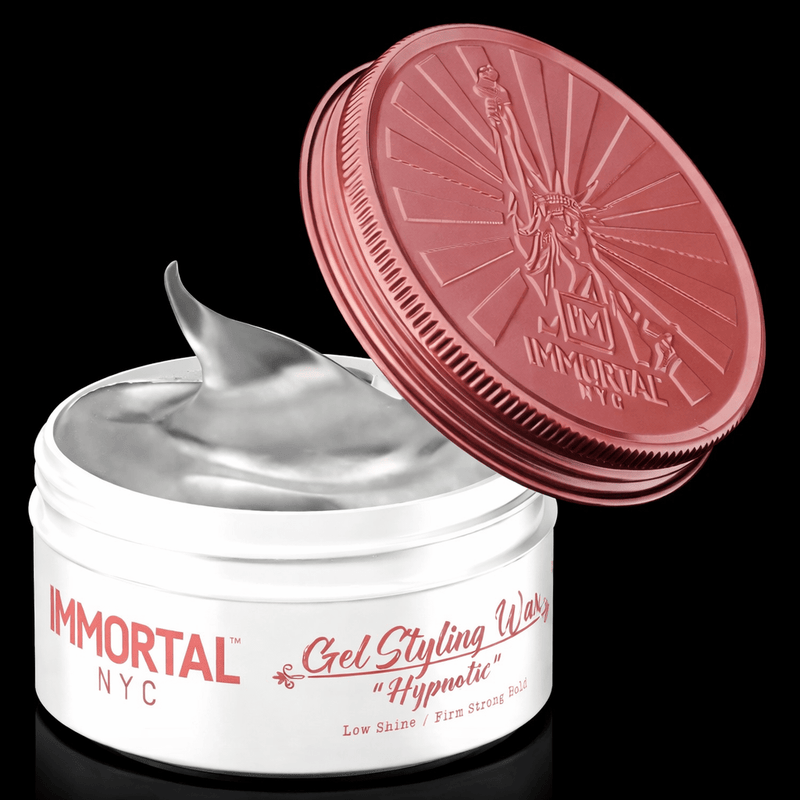 Immortal NYC Hypnotic Gel Wax open jar showing firm strong hold styling wax with low shine finish
