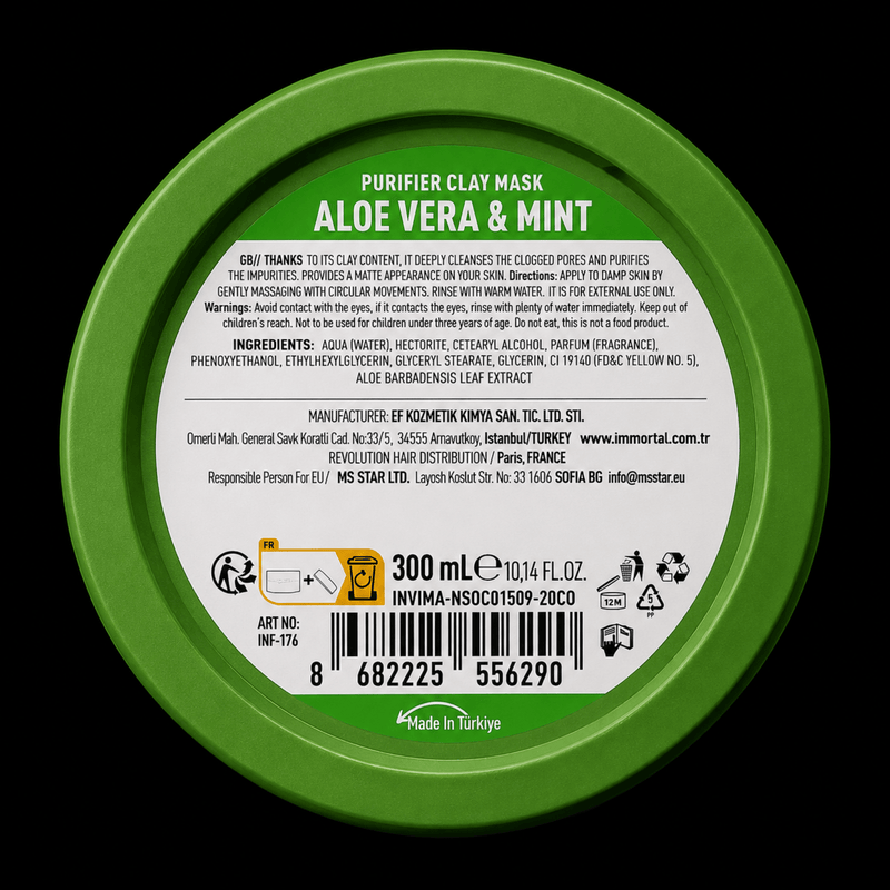 Immortal NYC Infuse Aloe Vera and Mint Purifier Clay Mask – bottom label with product information