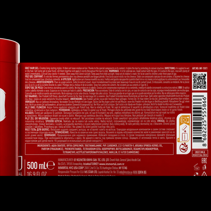 Immortal NYC Infuse Mega Fixation Gel – back label with ingredients