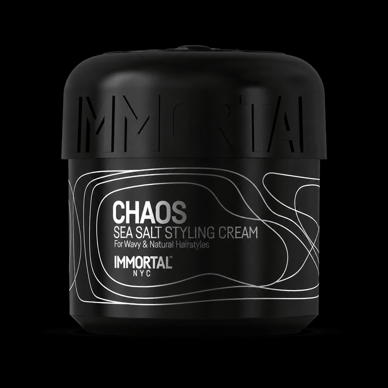 Immortal NYC Chaos Sea Salt Curl Cream jar, front view on black background