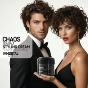 Man and woman with curly hair holding Immortal NYC Chaos Sea Salt Curl Cream