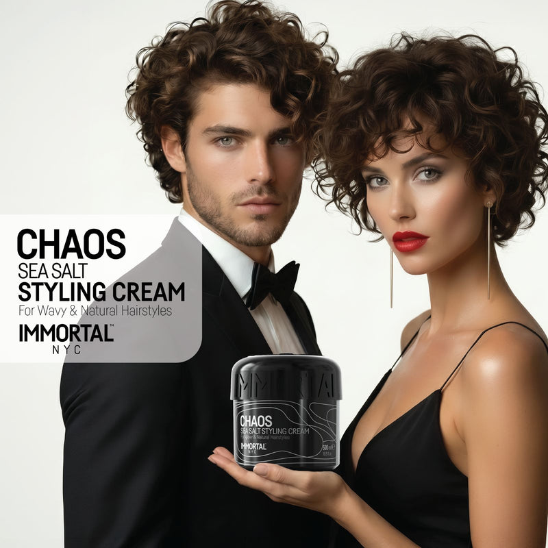 Man and woman with curly hair holding Immortal NYC Chaos Sea Salt Curl Cream