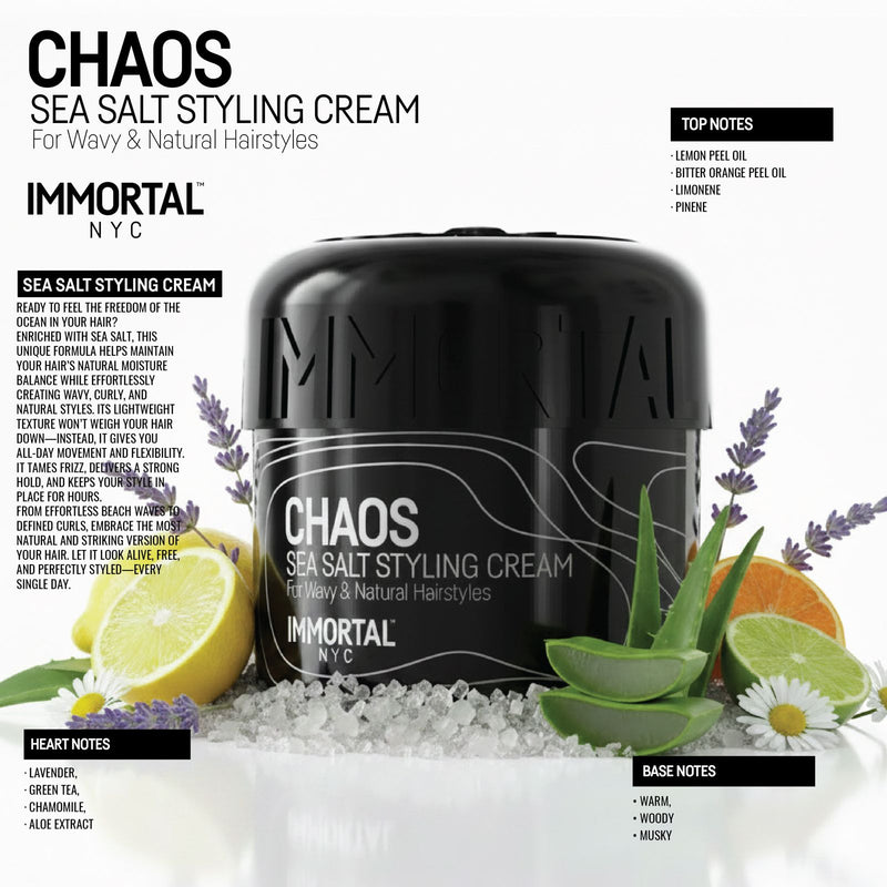 Immortal NYC Chaos Sea Salt Curl Cream fragrance notes: lemon, lavender, chamomile and aloe