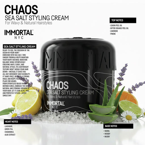 Immortal NYC Chaos Sea Salt Curl Cream fragrance notes: lemon, lavender, chamomile and aloe