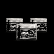 Three jars of Immortal NYC Chaos Sea Salt Pomade on a black background