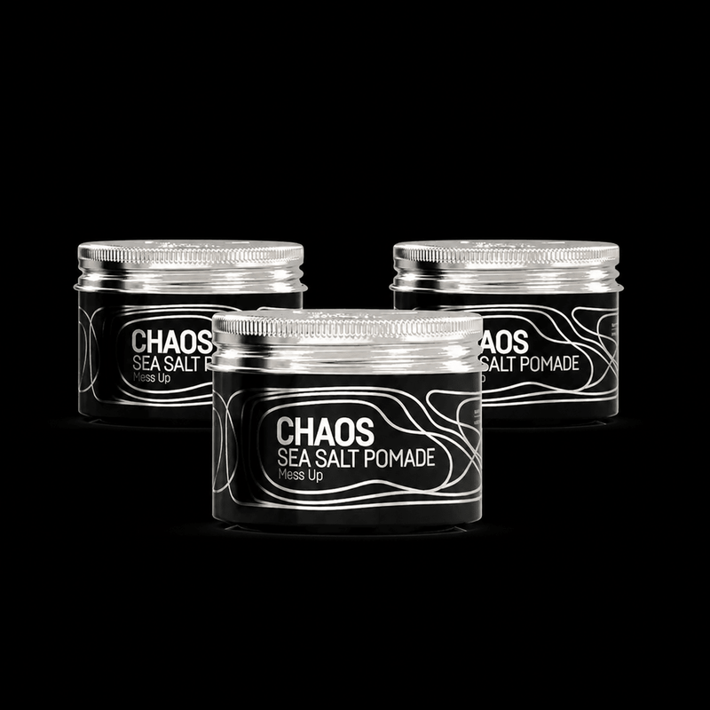 Three jars of Immortal NYC Chaos Sea Salt Pomade on a black background