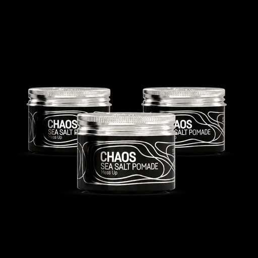 Three jars of Immortal NYC Chaos Sea Salt Pomade on a black background