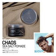 Immortal NYC Chaos Sea Salt Pomade open jar on sand showing hold 6 of 9 and shine 2 of 9