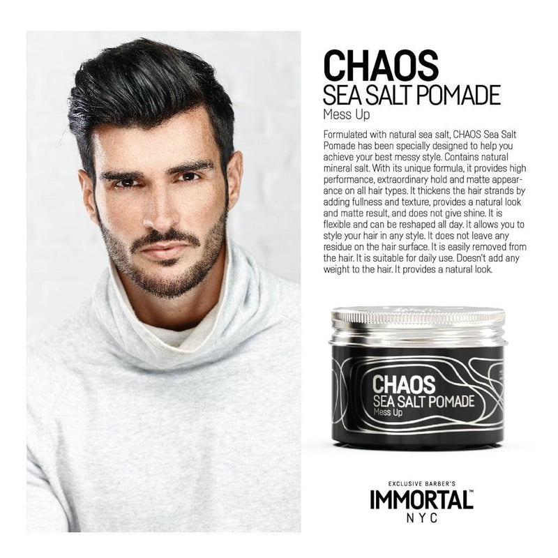 Man with textured dark hair beside a jar of Immortal NYC Chaos Sea Salt Pomade
