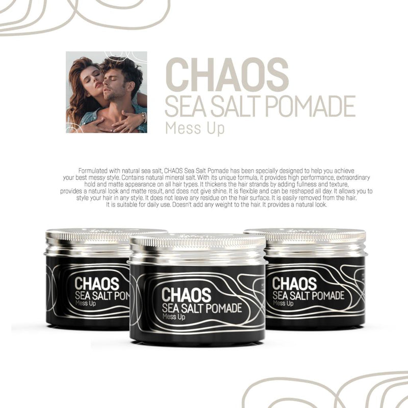 Immortal NYC Chaos Sea Salt Pomade jars with product overview and couple photo