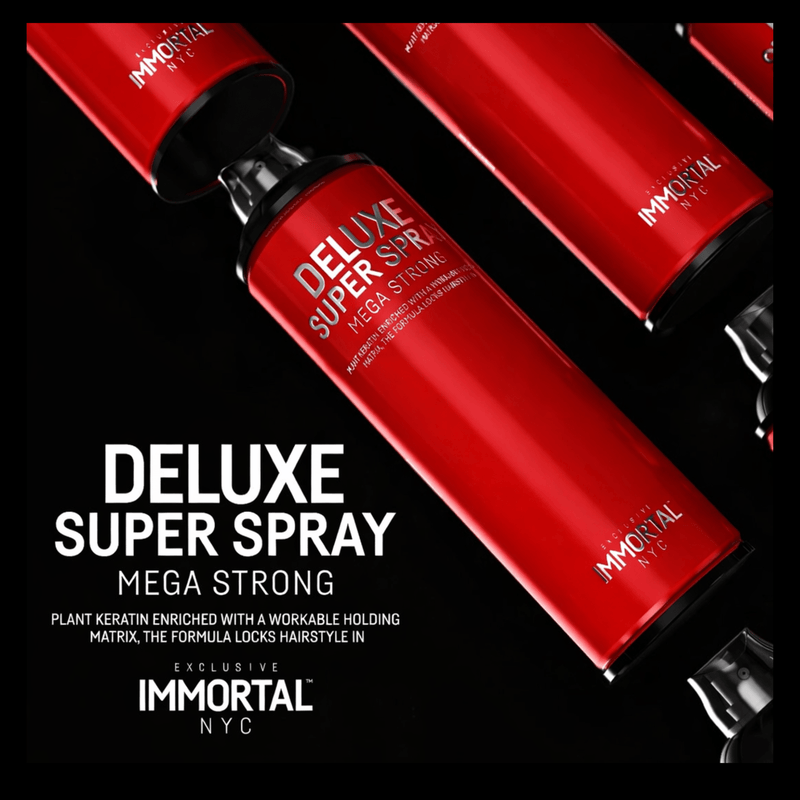 Immortal NYC Deluxe Super Strong Hair Spray – multiple bottles with product description on black background