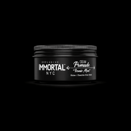 Black jar of Immortal NYC cream pomade on a black background