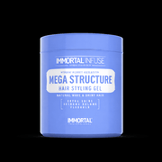 Blue jar of Immortal Mega Structure Hair Styling Gel on a black background