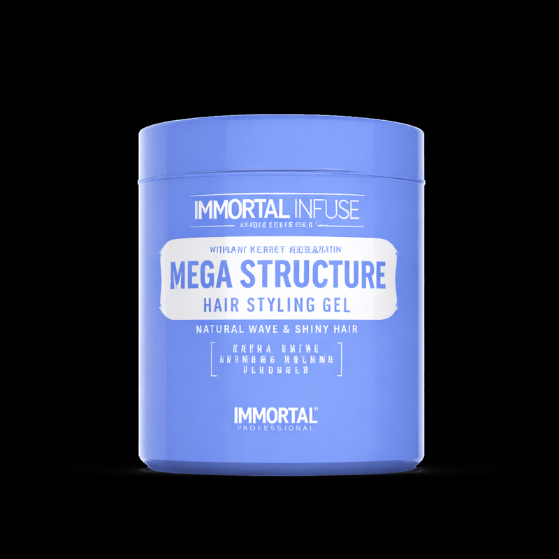 Blue jar of Immortal Mega Structure Hair Styling Gel on a black background