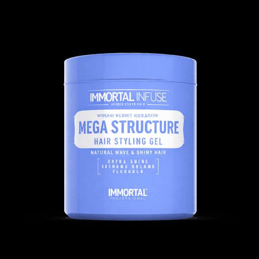 Blue jar of Immortal Mega Structure Hair Styling Gel on a black background