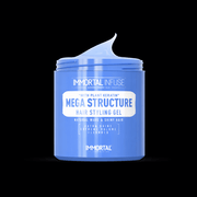 Open blue jar of Immortal Mega Structure Hair Styling Gel on a black background