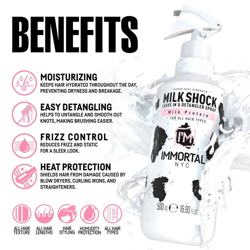 Immortal NYC Milkshock 500ml – bottle with benefits listed on white background