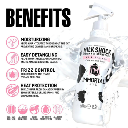 Immortal NYC Milkshock 500ml – bottle with benefits listed on white background