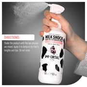 Immortal NYC Milkshock – handheld bottle with product directions on gray background
