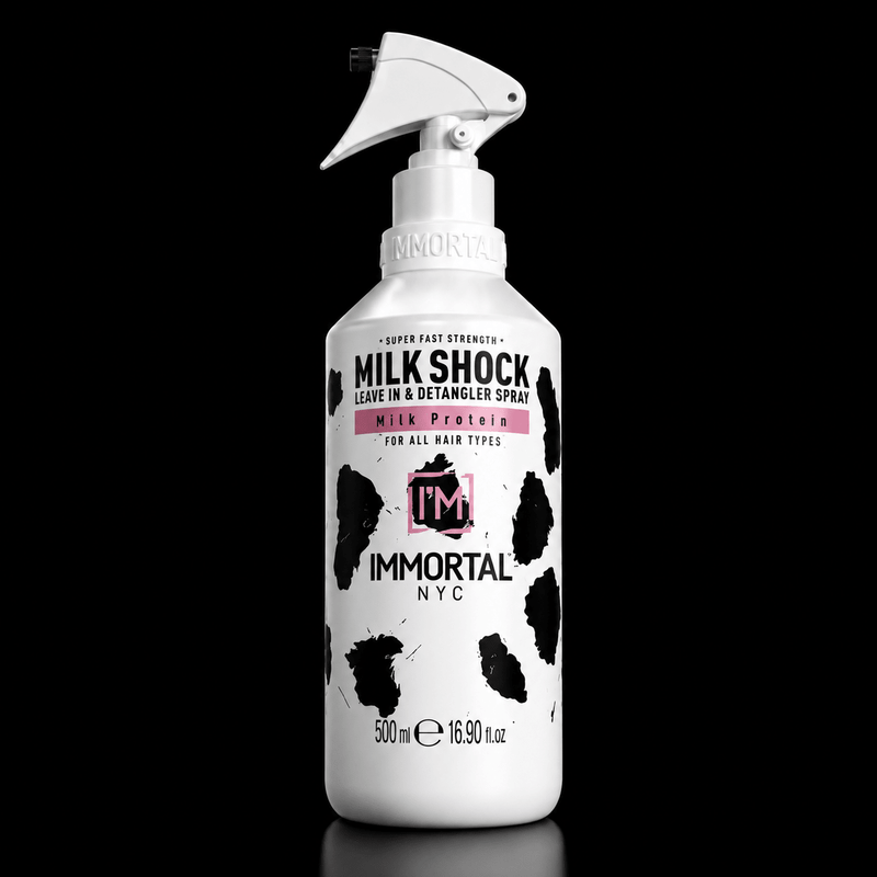 Immortal NYC Milkshock leave-in and detangler spray – bottle on black background