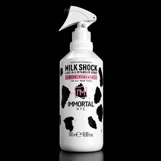 Immortal NYC Milkshock leave-in and detangler spray – bottle on black background