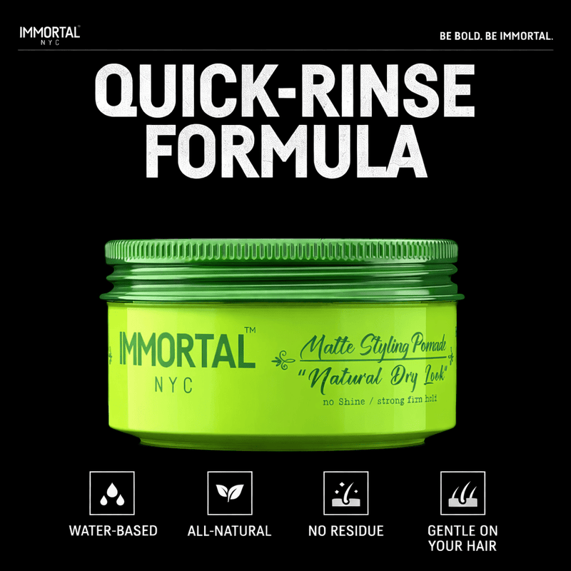 Green jar of Immortal NYC styling product with text on a black background