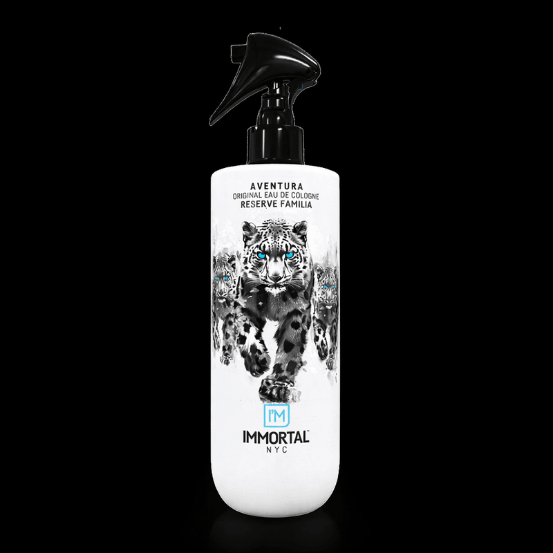 White bottle with black leopard design and 'Immortal NYC' branding on a black background