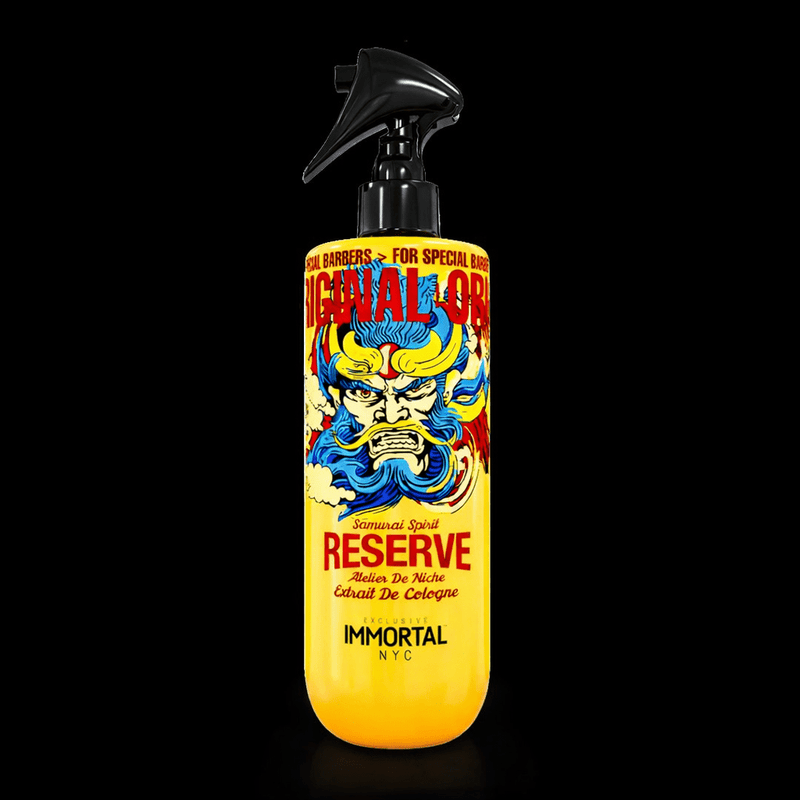 Spray bottle with colorful label featuring a samurai design on a black background