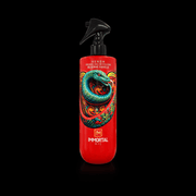 Red spray bottle with colorful dragon design on a black background