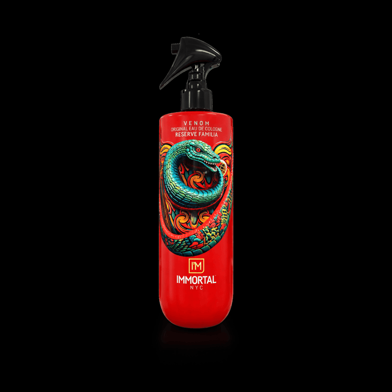 Red spray bottle with colorful dragon design on a black background