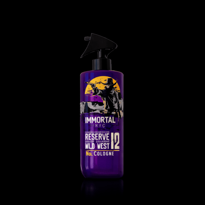 Purple bottle of Immortal NYC cologne with a cowboy graphic on a black background