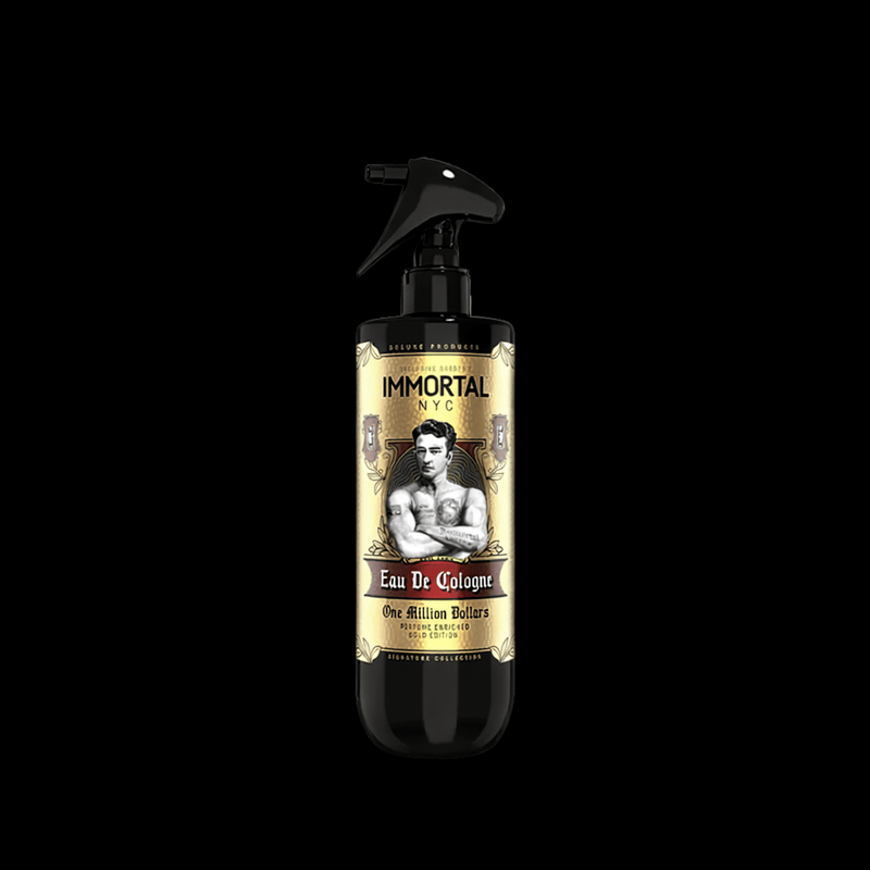 Immortal cologne bottle with vintage design on a black background