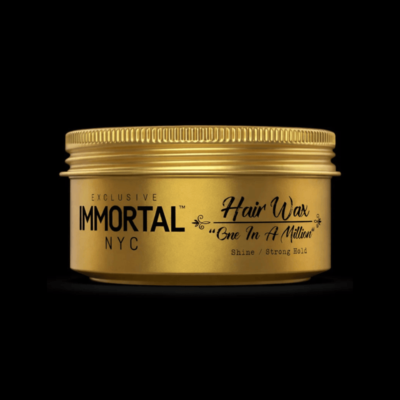 Immortal NYC One In A Million Hair Wax – closed gold jar front view