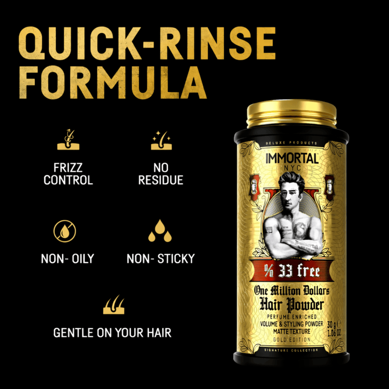 Immortal NYC One Million Dollar Hair Styling Powder – quick-rinse formula features on black background