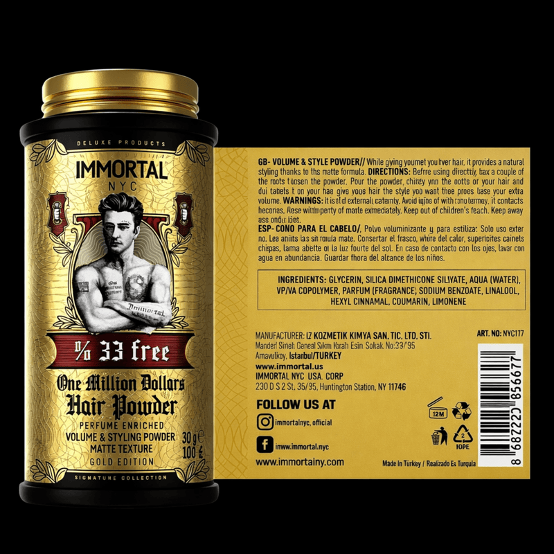 Immortal NYC One Million Dollar Hair Styling Powder – ingredients back label on black background